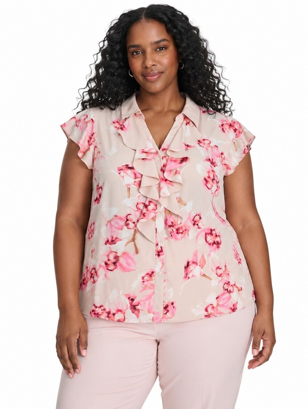 Calvin Klein Plus Size 1X Pink Floral Ruffle Blouse NWT Career Top